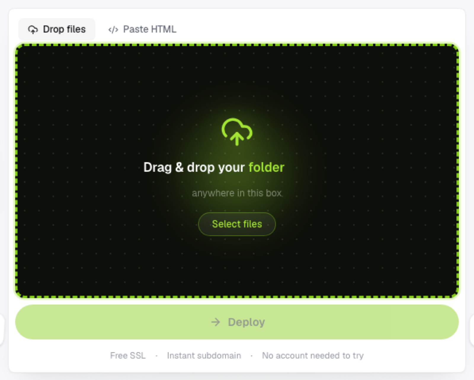 The Flaash dropzone, ready to accept a dragged folder or zip file with no extraction step required