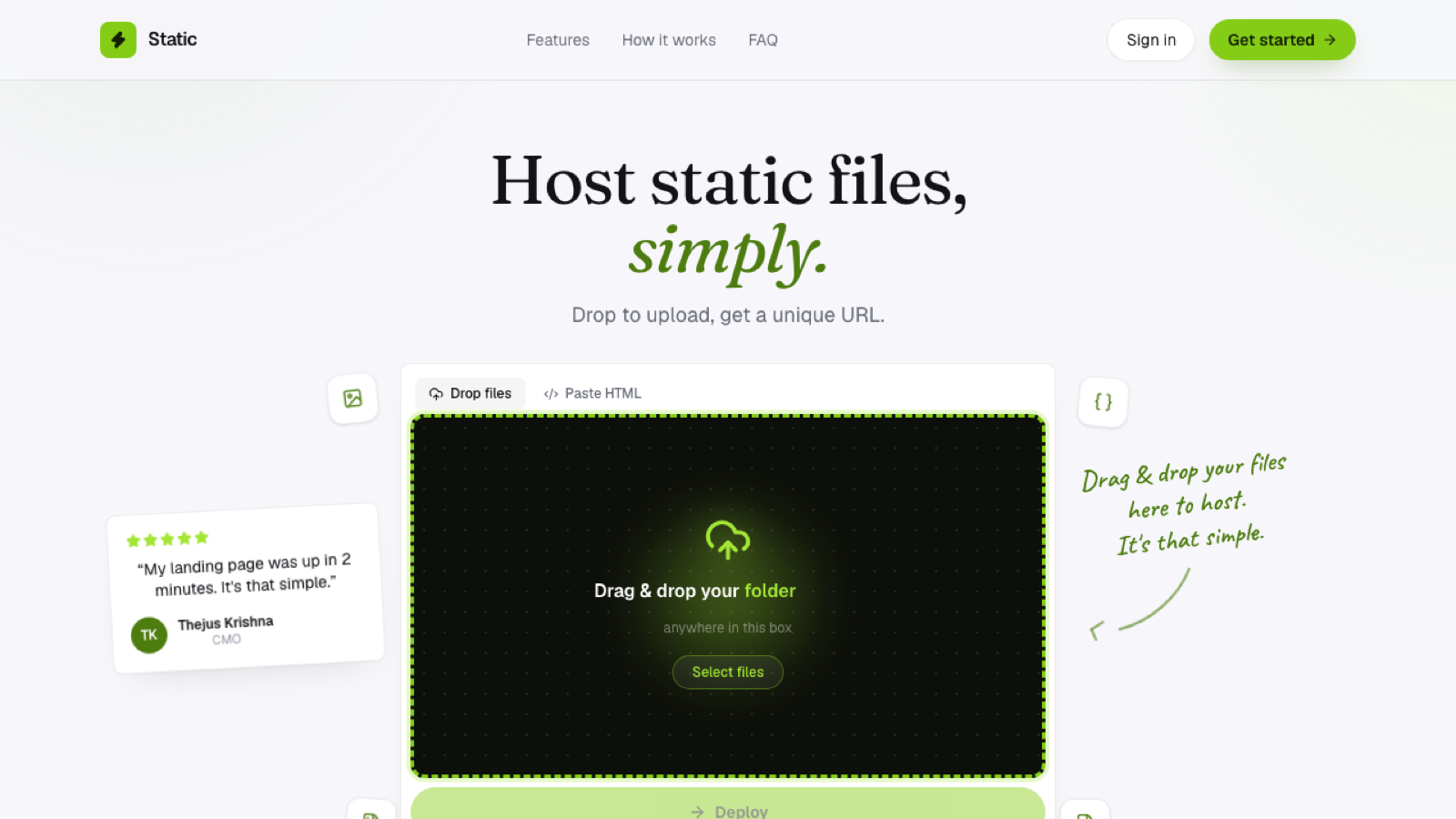 The Flaash homepage dropzone, showing the drag-and-drop upload area with the headline "Host static files, simply"
