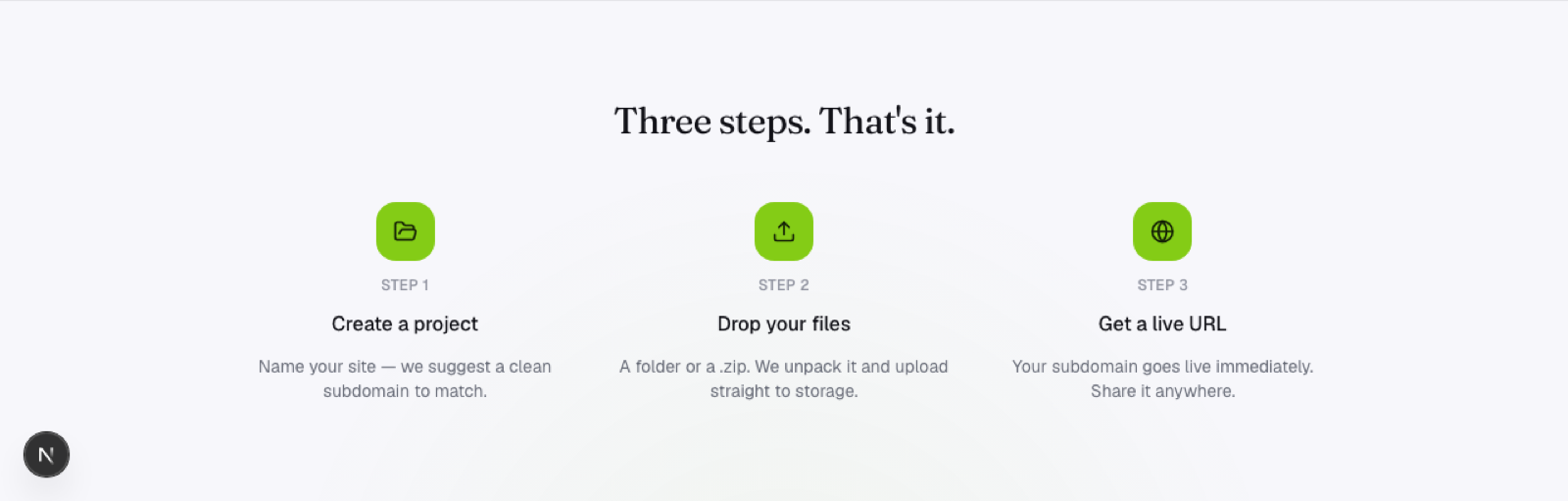 The Flaash "How it works" section: create a project, drop your files, get a live URL