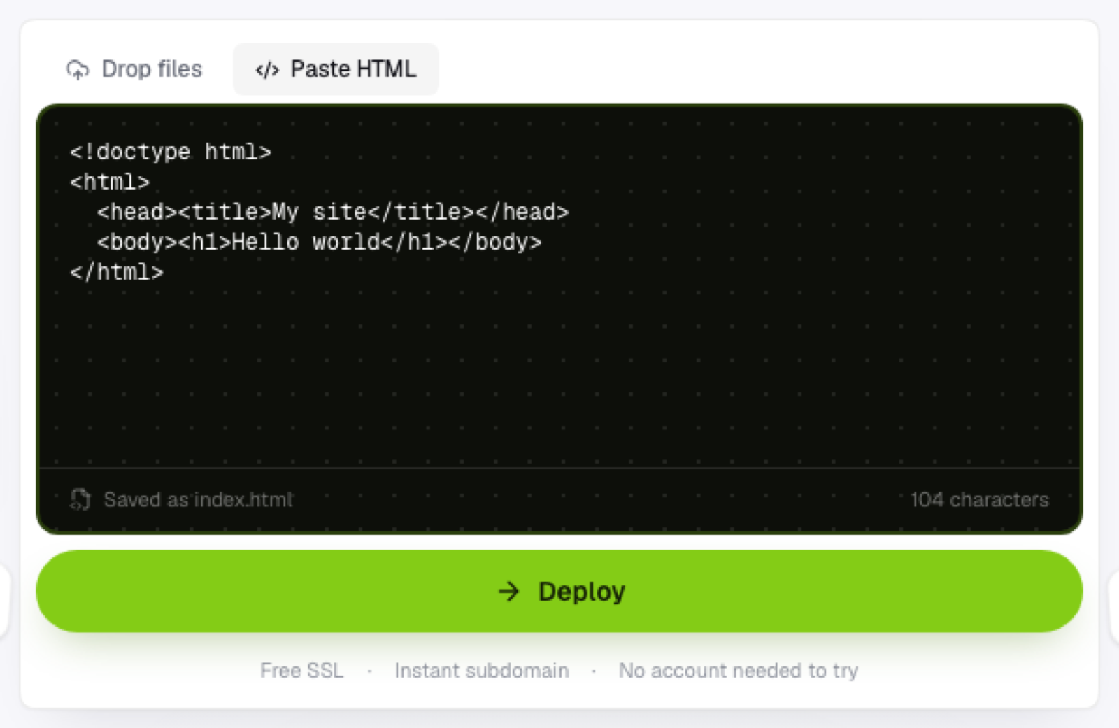 The Flaash paste-HTML tab showing raw markup pasted into a text area, with a Deploy button below